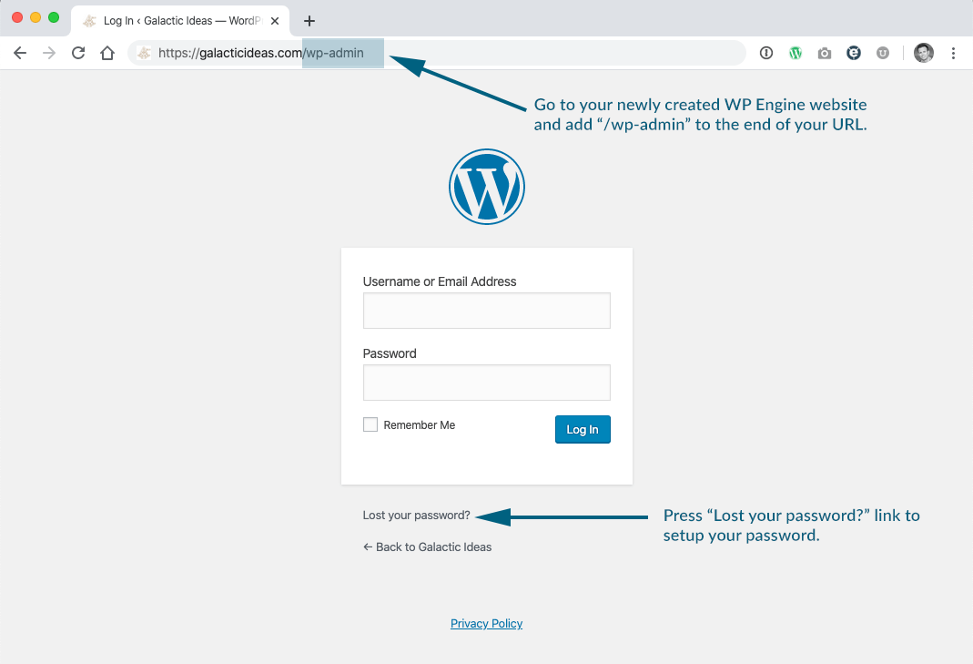 arrow indicating how user can access WP admin