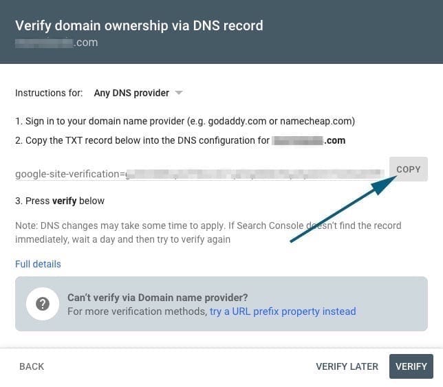 Verify domain on with text record