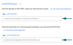 reCAPTCHA Secret and Site keys