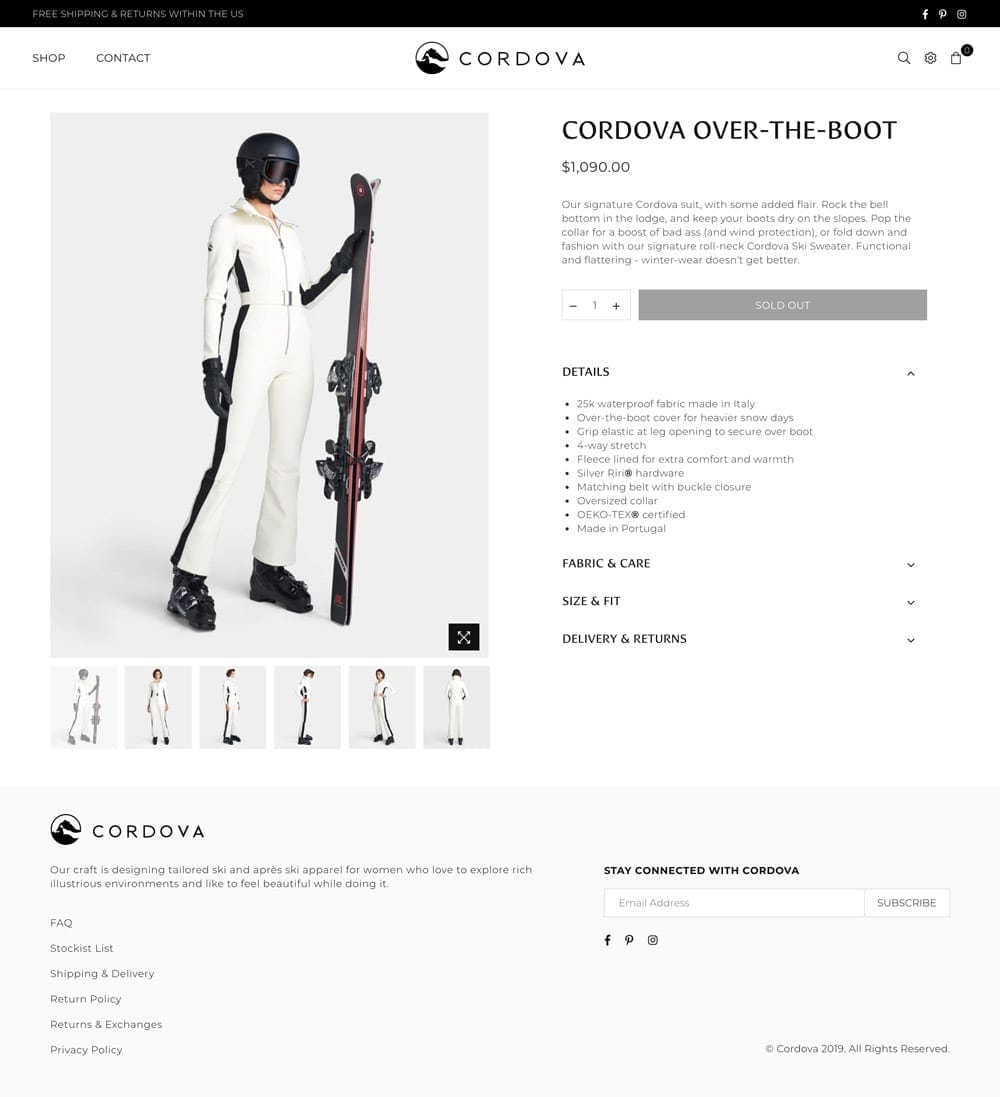 a Cordova webpage featuring a model in a ski suit with skis