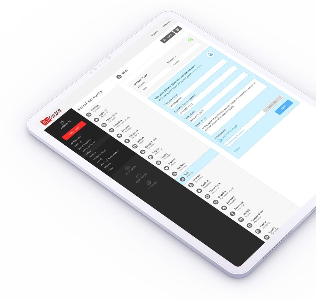 the webpage Redfolder on an iPad pro