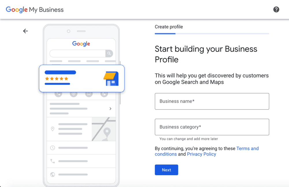 a screenshot of the second step in the process of setting up a Google My Business account: Entering your business name and category