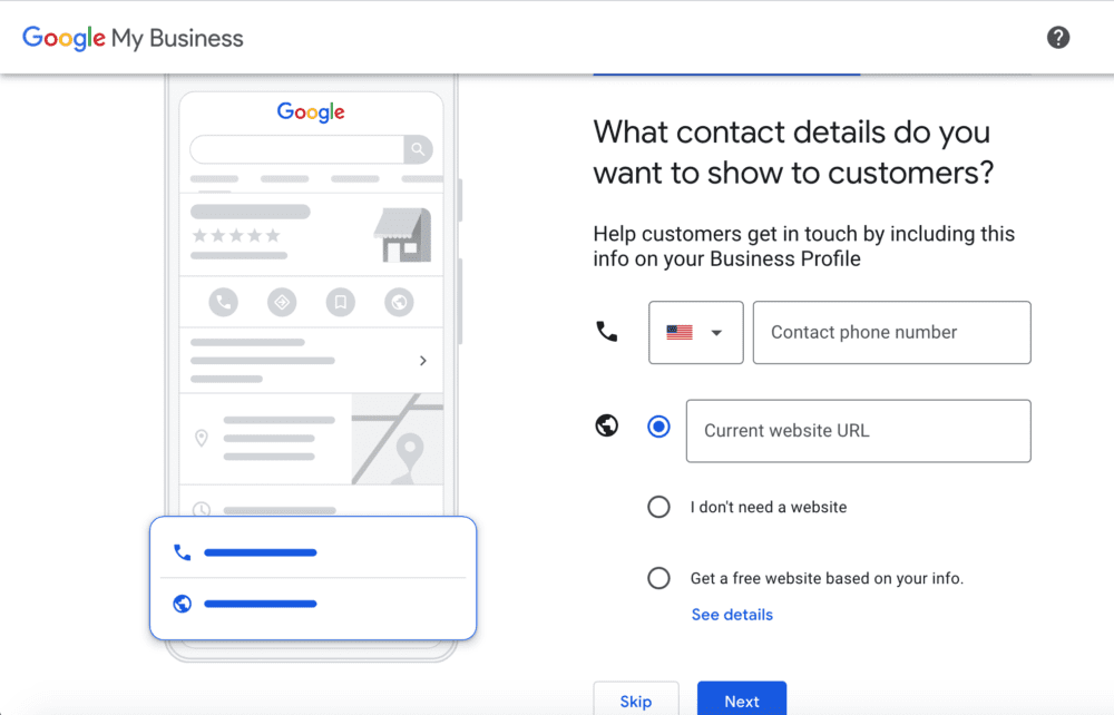 a screenshot indicating that user should add their contact information to their Google My Business Profile