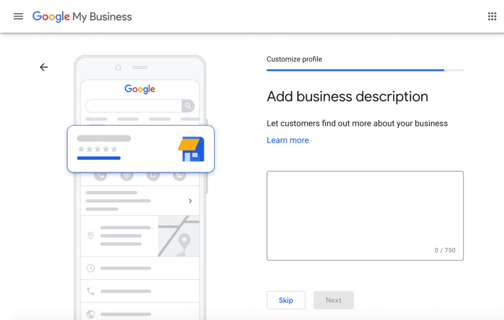 a screenshot indicating that user should add a business description to their Google My Business Profile
