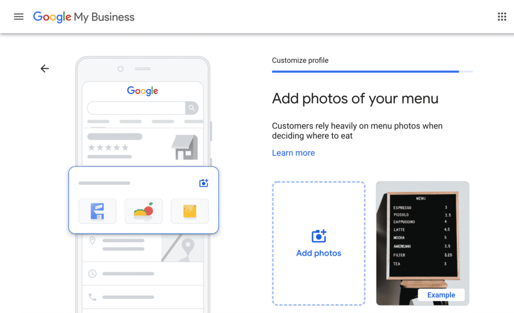 a screenshot indicating that user should add photos to their Google My Business Profile