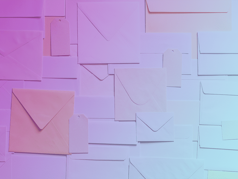 A collection of mailing envelopes with a pink and blue gradient overlay