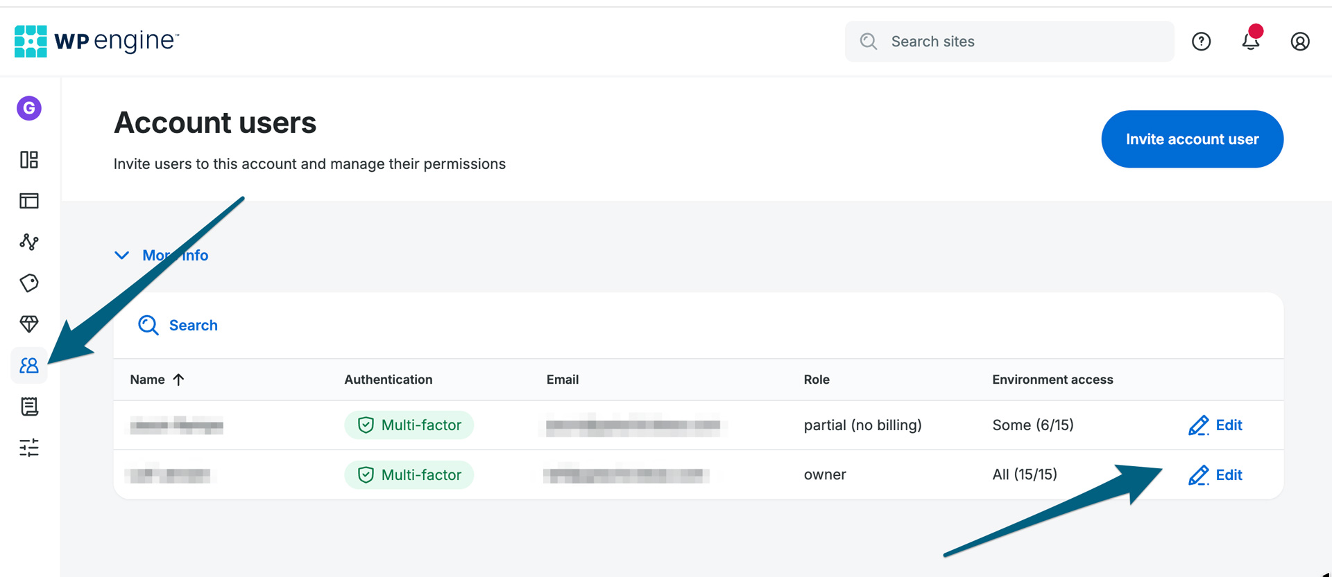 WP Engine Account Users page displaying user details such as names, authentication type, email, roles, environment access, and Edit options—ideal for managing teams during a WP Engine Migration. Two blue arrows highlight icons and the Edit button.