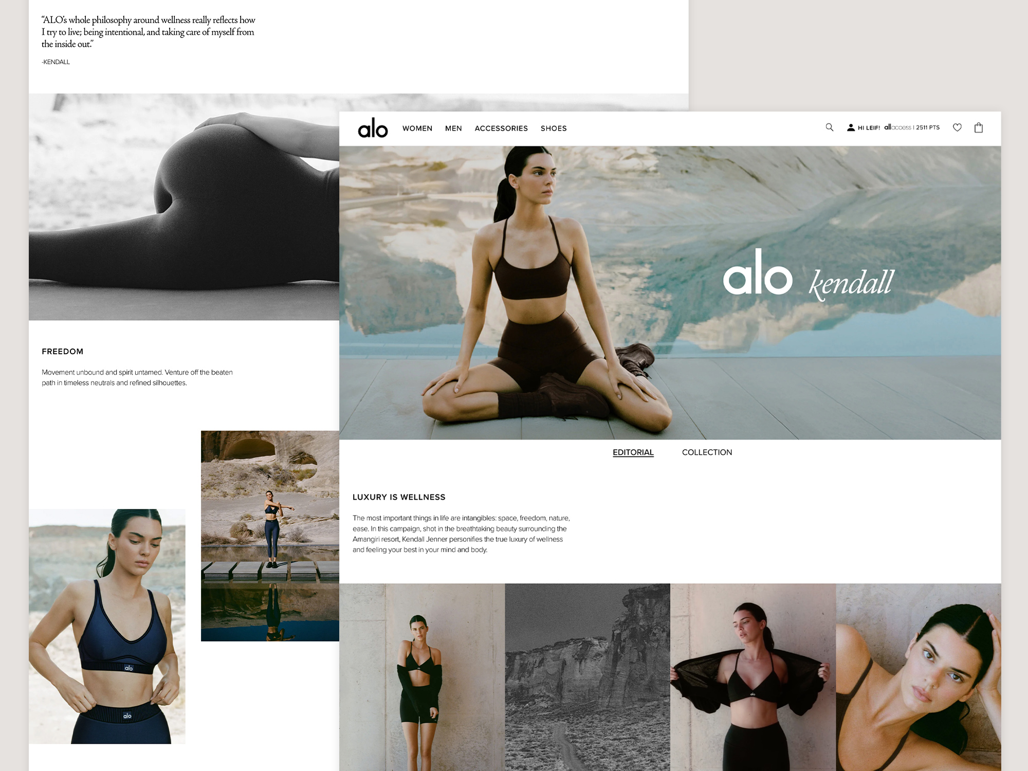 A collage of the Alo website showcases Kendall Jenner modeling athletic wear in outdoor and studio settings, highlighting Web Design elements alongside text about wellness and product collections.