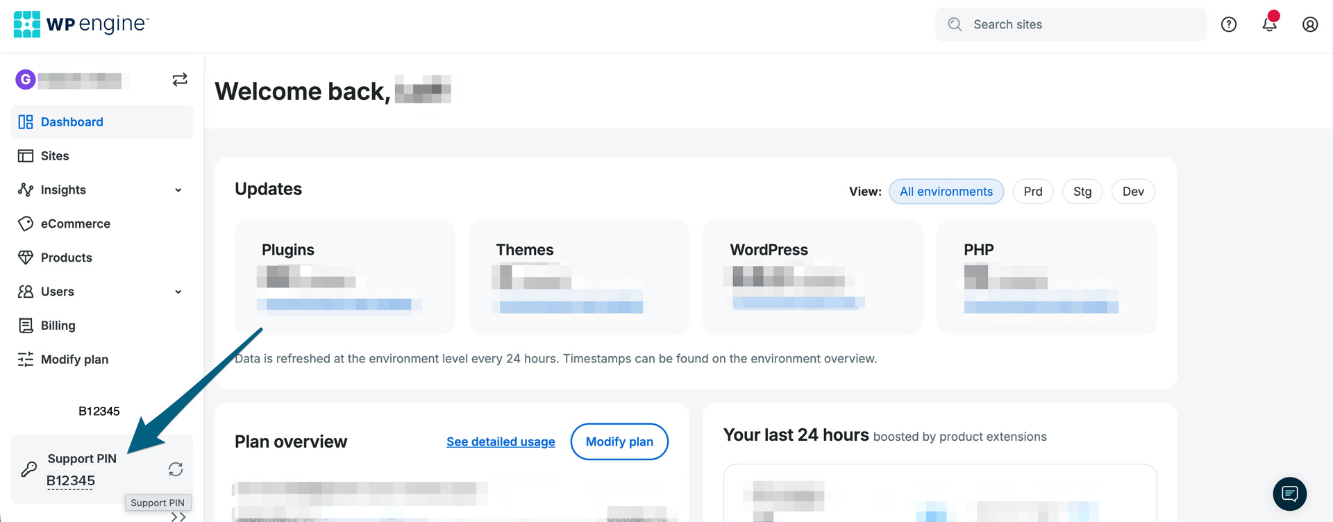 WP Engine dashboard displaying site management options, recent updates for plugins, themes, WordPress, PHP, a support PIN on the left sidebar, and tools for WP Engine Migration or private server migration.