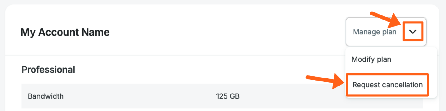 Dropdown menu in an account settings page offering options to manage, modify, or request cancellation of a professional plan with 125 GB bandwidth, including WP Engine Migration support for seamless transitions.
