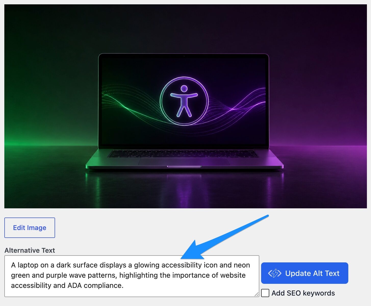 A laptop on a dark surface shows a glowing accessibility icon on its screen with neon green and purple wave patterns in the background, highlighting the importance of website accessibility when updating your website.