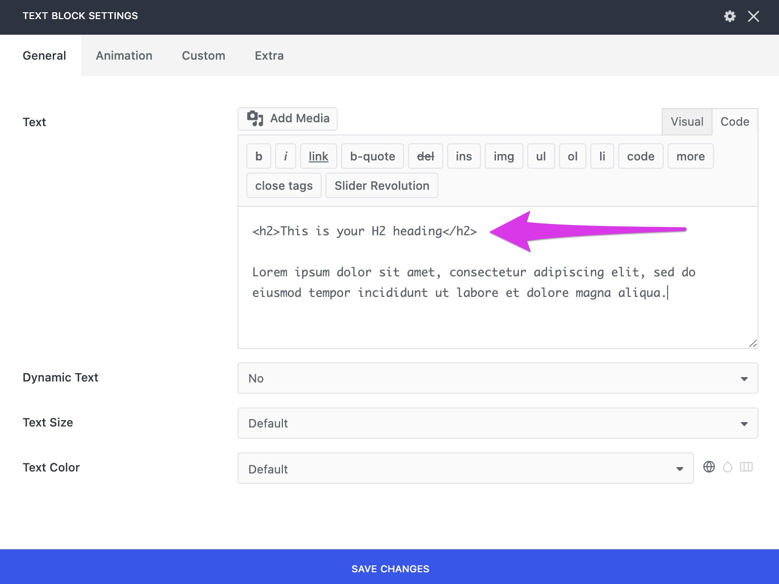 Screenshot of a text block settings window showing HTML code and sample text, with a purple arrow pointing to an H2 header&mdash;highlighting website accessibility and ADA compliance in the code editor.