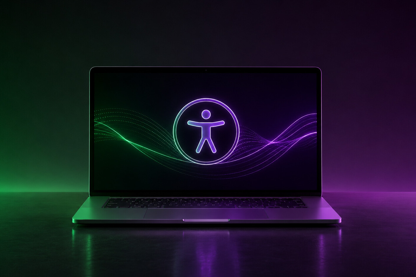 A laptop on a dark surface displays a glowing accessibility icon and neon green and purple wave patterns, highlighting the importance of website accessibility and ADA compliance.