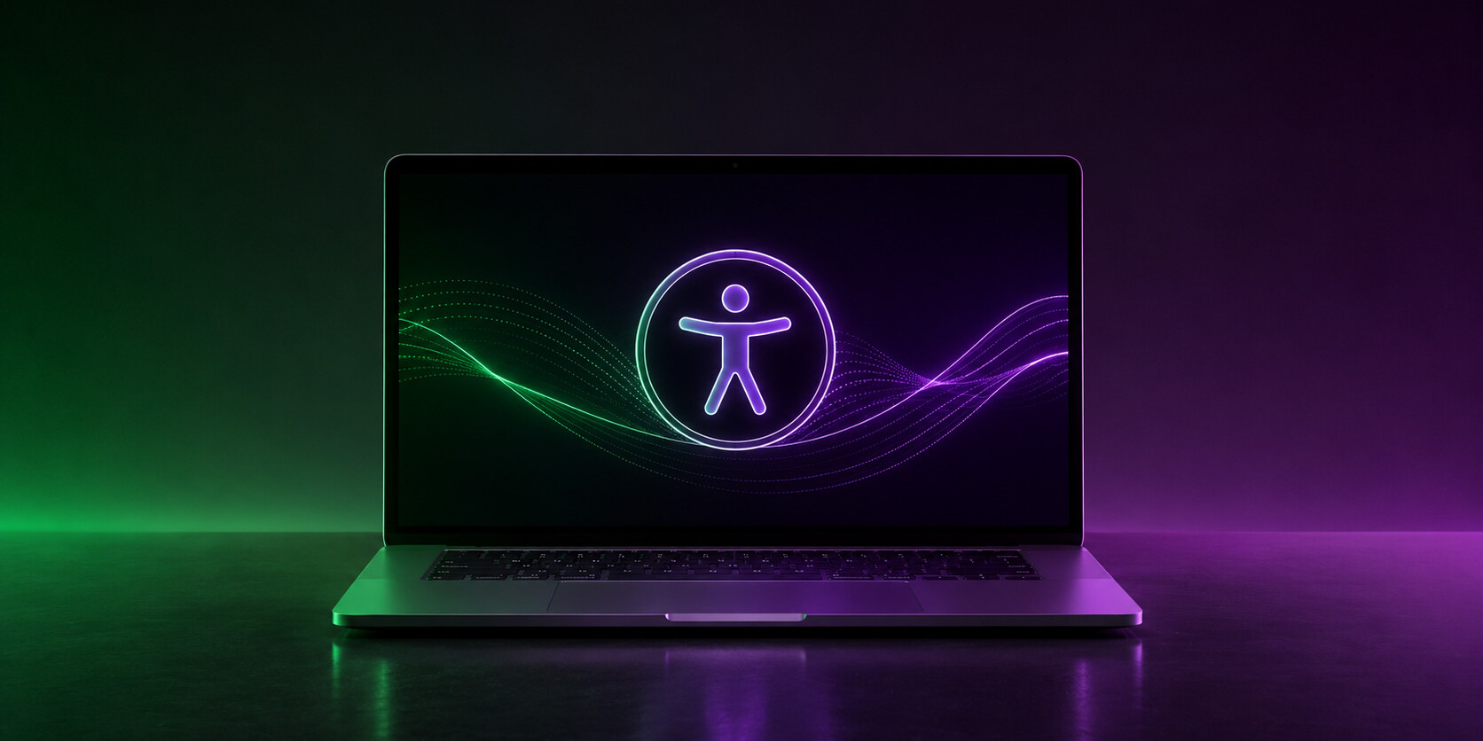 A laptop on a dark surface displays a glowing accessibility icon and neon green and purple wave patterns, highlighting the importance of website accessibility and ADA compliance.