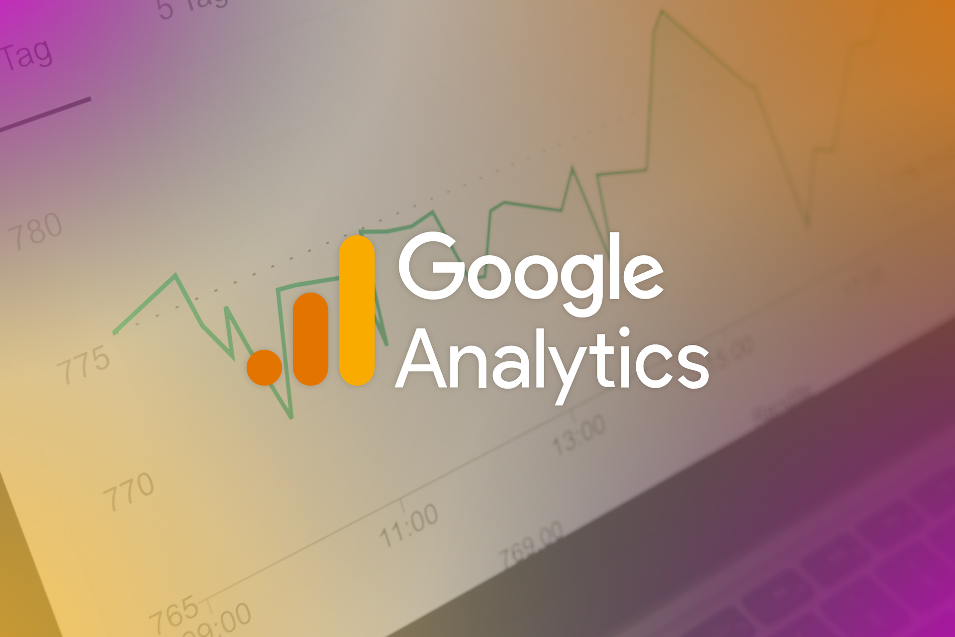 Google Analytics logo overlaid on a blurred line graph with data points and time labels, representing website analytics and performance tracking after setting up Google Site Kit in WordPress.